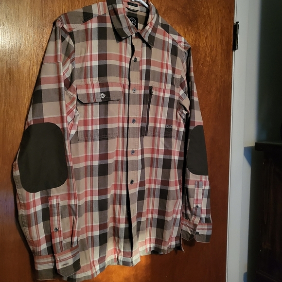 Gently Loved Wrangler ATG Mens  Small Brown-Tan-Red Flannel Button-Dwn Elbow Pad - Picture 2 of 7
